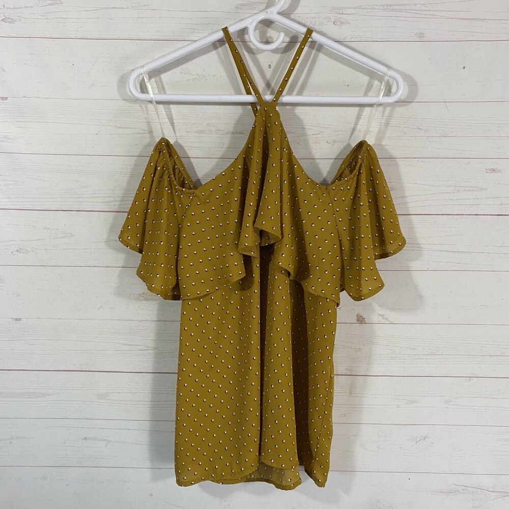 Maurices Womens Ruffled Cold Shoulder Top Size Large Mustard Print Polyester New